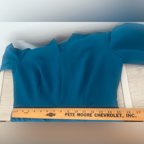 Milly Teal Long Sleeve Split Neck Mini Dress Puff Sleeve Cocktail Party Size 8 - Picture 8 of 12